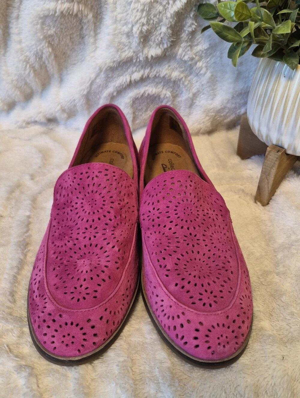 Clarks Magenta Suede Laser-Cut Loafers